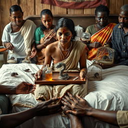 A concerned, crying young Indian lady with visible cuts and bruises sitting on a very large bed, holding a tray that features a small, intricately designed snake statue, a bottle of oil, and a hollow wide plastic tube