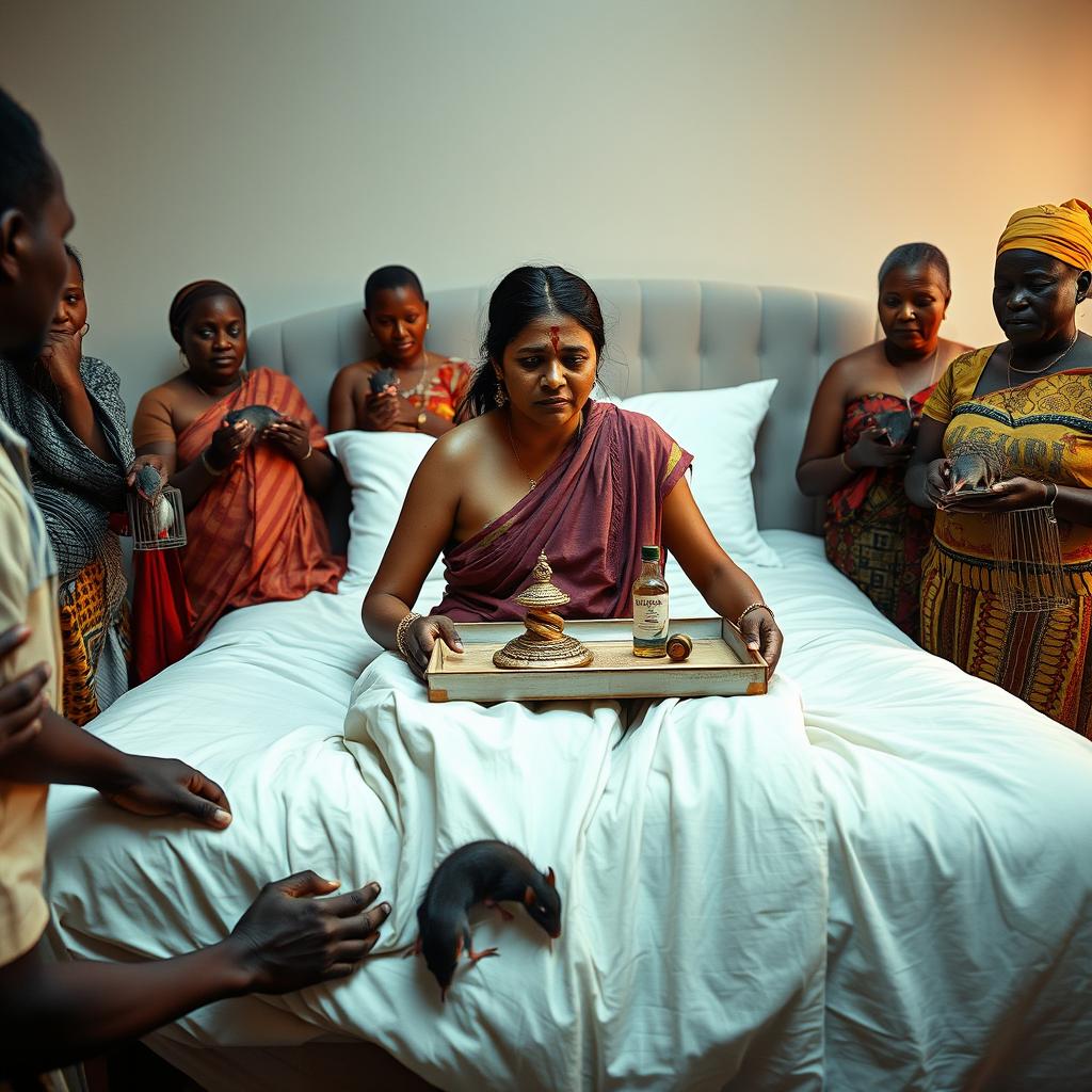 A concerned, crying young Indian lady with visible cuts and bruises sitting on a very large bed, gently holding a tray that features a small, intricately designed snake statue, a bottle of oil, and a hollow wide plastic tube