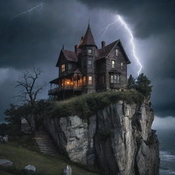 The visual representation of a macabre scene: a haunted house perched on a cliff, under a stormy night sky, illuminated by spectacular lightning strikes, surrounded by phantom woods, filled with the eerie whisperings of the unseen. Ghostly figures lurk in its windows.