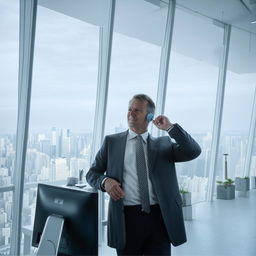 A successful businessman in a modern office, looking confident and content, surrounded by high-tech gadgets, with city skyline views through large windows.