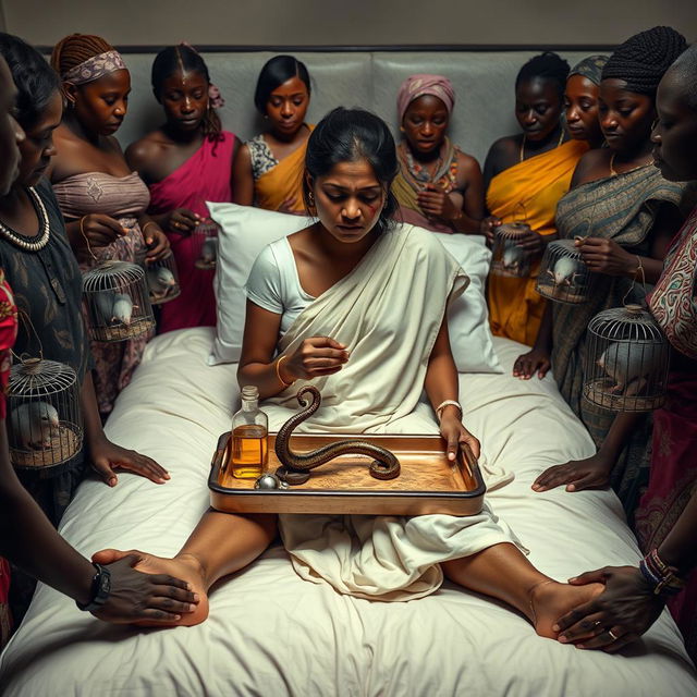 A concerned, crying young Indian lady with visible cuts and bruises sitting on a very large bed, gently holding a tray that features a small, intricately designed snake statue, a bottle of oil, and a hollow wide plastic tube