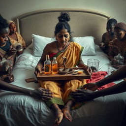 A concerned, crying young Indian lady with visible cuts and bruises sitting on a very large bed, gently holding a tray that features a small, intricately designed snake statue, a bottle of oil, and a hollow wide plastic tube