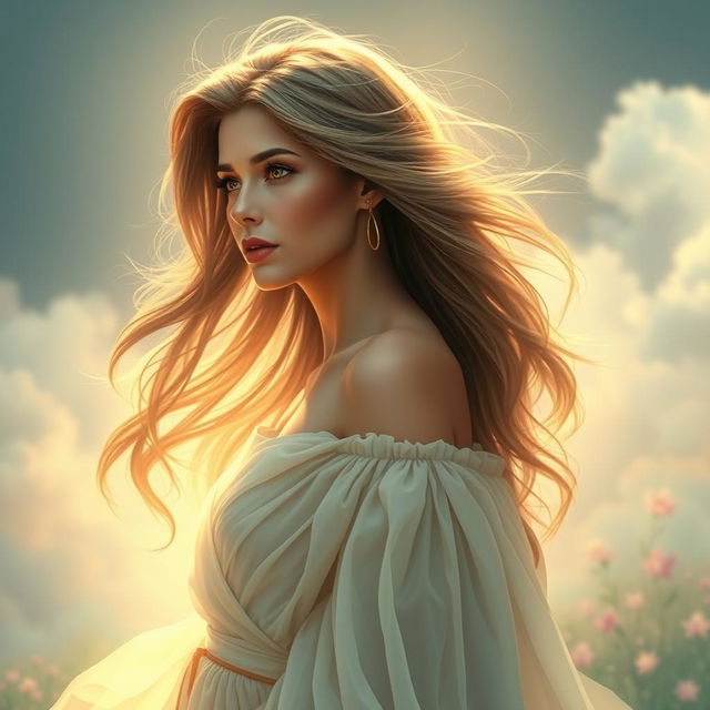 A captivating portrait of a woman, with an ethereal glow surrounding her, embodying strength and elegance