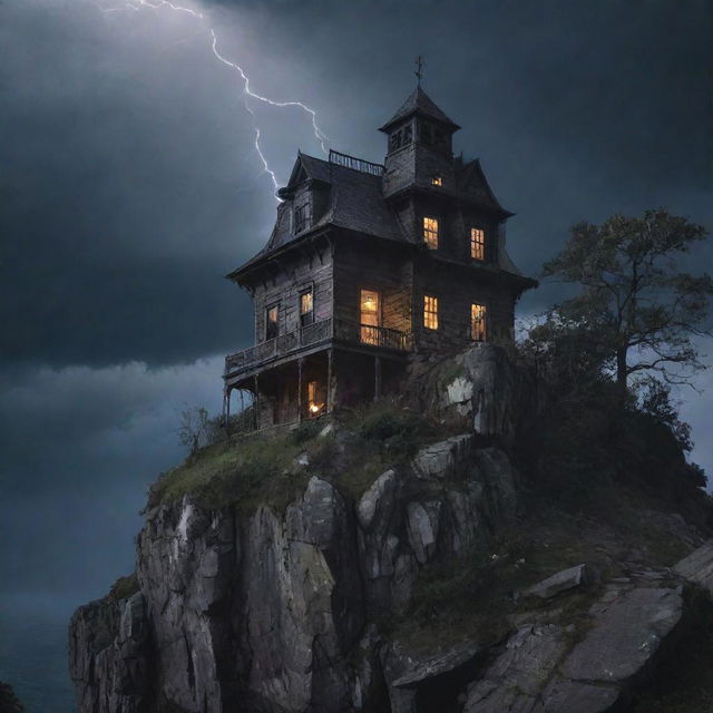 The visual representation of a macabre scene: a haunted house perched on a cliff, under a stormy night sky, illuminated by spectacular lightning strikes, surrounded by phantom woods, filled with the eerie whisperings of the unseen. Ghostly figures lurk in its windows.