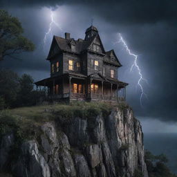 The visual representation of a macabre scene: a haunted house perched on a cliff, under a stormy night sky, illuminated by spectacular lightning strikes, surrounded by phantom woods, filled with the eerie whisperings of the unseen. Ghostly figures lurk in its windows.