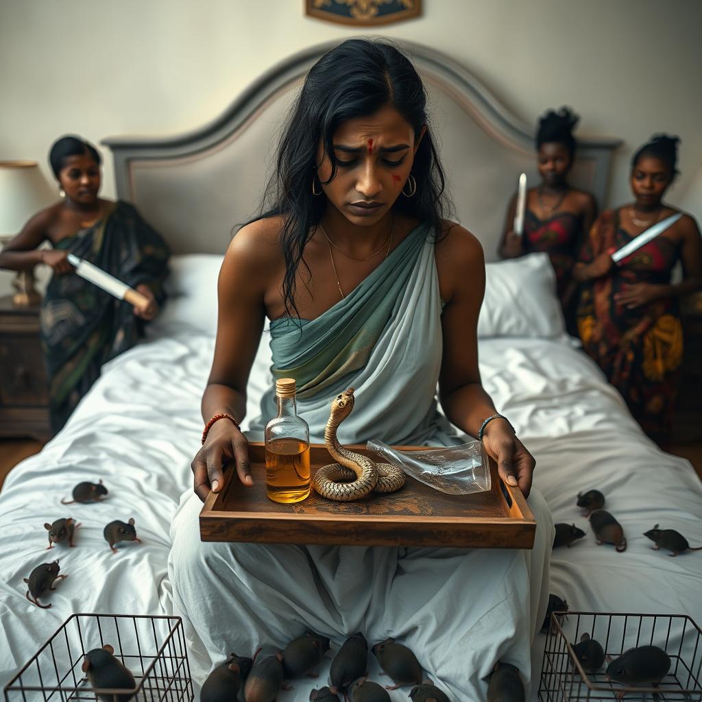 A concerned, crying young Indian lady with visible cuts and bruises sitting on a very large bed, holding a tray that features a small intricately designed snake statue, a bottle of oil, and a hollow wide plastic tube