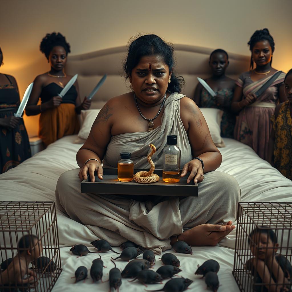 A concerned, crying young chubby Indian lady with visible cuts and bruises sitting on a very large bed, holding a tray that features a small intricately designed snake statue, a bottle of oil, and a hollow wide plastic tube