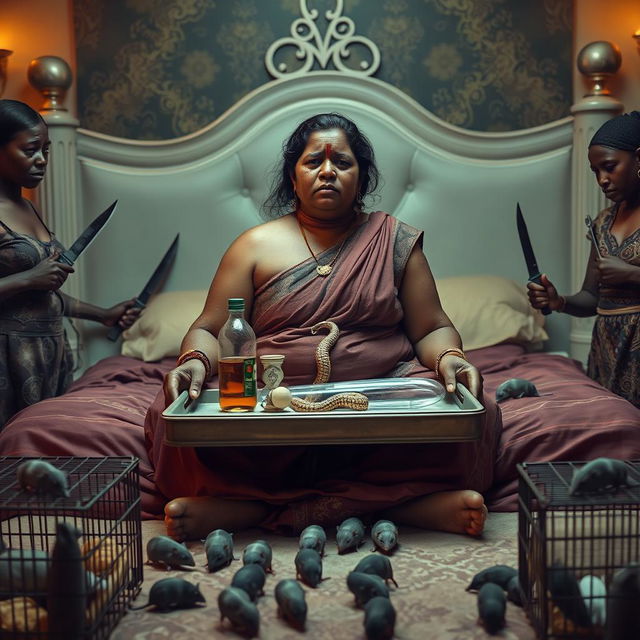 A concerned, crying young chubby Indian lady with visible cuts and bruises sitting on a very large bed, holding a tray that features a small intricately designed snake statue, a bottle of oil, and a hollow wide plastic tube