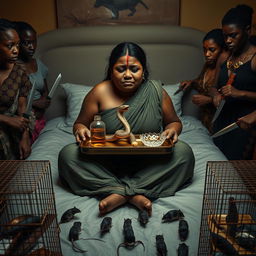 A concerned, crying young chubby Indian lady with visible cuts and bruises sitting on a very large bed, holding a tray that features a small intricately designed snake statue, a bottle of oil, and a hollow wide plastic tube