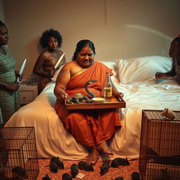 A concerned, crying young chubby Indian lady with visible cuts and bruises sitting on a very large bed, holding a tray that features a small intricately designed snake statue, a bottle of oil, and a hollow wide plastic tube