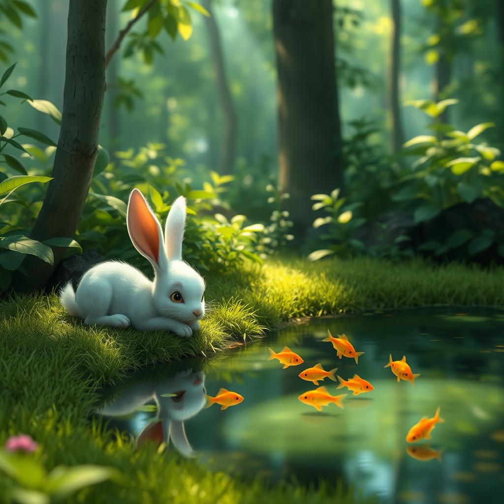 In a lush green forest, a cute, small white rabbit is lying next to a pond, gazing enviously at a group of small golden fish swimming gracefully in the water