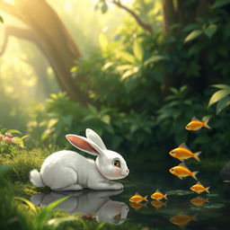 In a lush green forest, a cute, small white rabbit is lying next to a pond, gazing enviously at a group of small golden fish swimming gracefully in the water