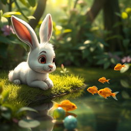 In a lush green forest, a cute, small white rabbit is lying next to a pond, gazing enviously at a group of small golden fish swimming gracefully in the water