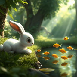 In a lush green forest, a cute, small white rabbit is lying next to a pond, gazing enviously at a group of small golden fish swimming gracefully in the water