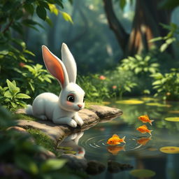 In a lush forest, an adorable small white rabbit is lying by the edge of a pond, watching a few tiny golden fish swimming playfully in the water