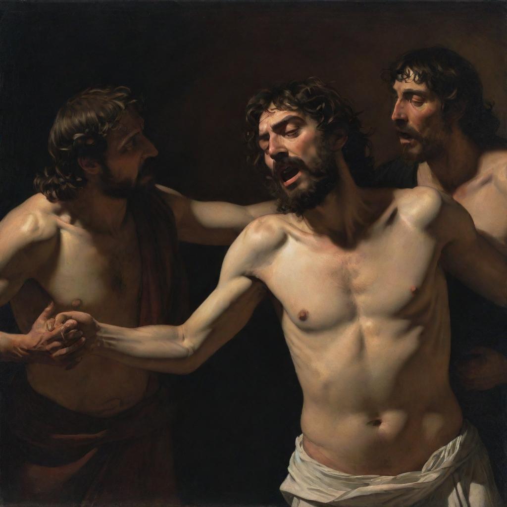 Artistic representation that mirrors Caravaggio's 'The Incredulity of Saint Thomas'. Christ shows his wounds to the Mayans, depicted with Caravaggio's characteristic dramatic use of shadow and light, capturing the emotion and revelation of the scene.