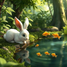 In a lush forest, an adorable small white rabbit is lying by the edge of a pond, watching a few tiny golden fish swimming playfully in the water