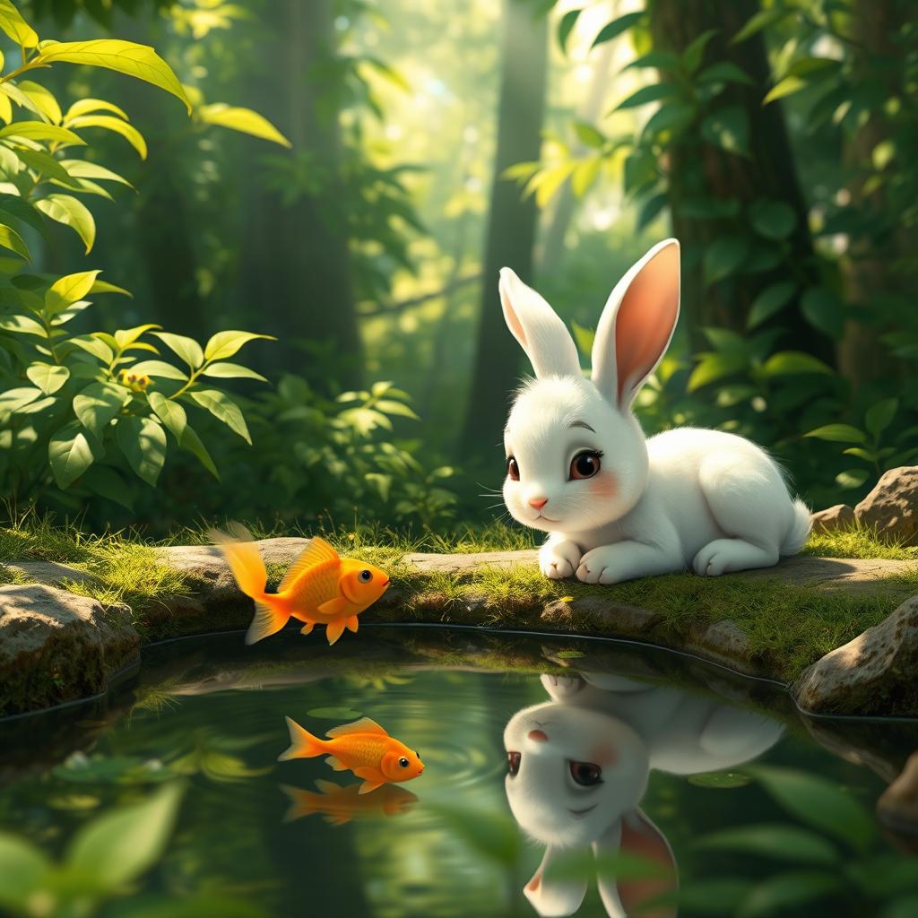 In a lush forest, an adorable small white rabbit is lying by the edge of a pond, watching a few tiny golden fish swimming playfully in the water