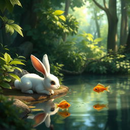 In a lush forest, an adorable small white rabbit is lying by the edge of a pond, watching a few tiny golden fish swimming playfully in the water