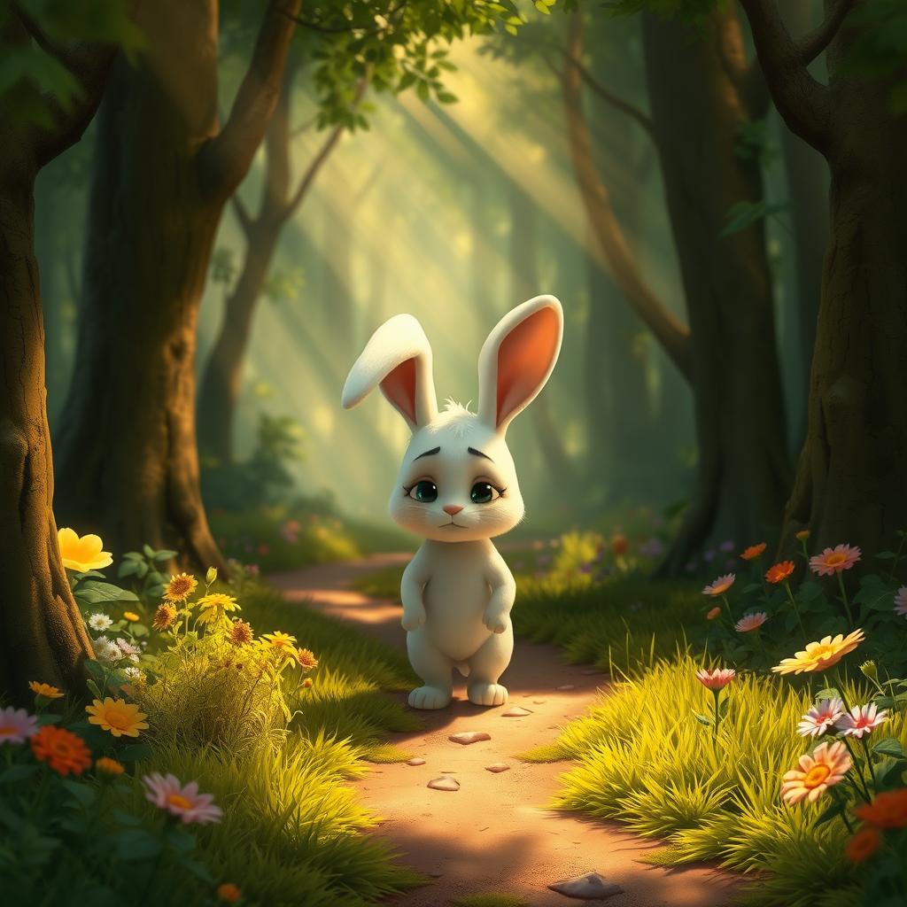 In a dense, enchanting forest, a cute small white rabbit walks down a winding forest path with a visibly sad expression