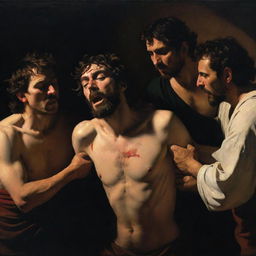 Artistic representation that mirrors Caravaggio's 'The Incredulity of Saint Thomas'. Christ shows his wounds to the Mayans, depicted with Caravaggio's characteristic dramatic use of shadow and light, capturing the emotion and revelation of the scene.