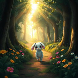 In a dense, enchanting forest, a cute small white rabbit walks down a winding forest path with a visibly sad expression