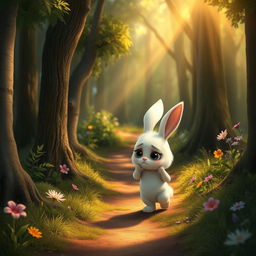 In a dense, enchanting forest, a cute small white rabbit walks down a winding forest path with a visibly sad expression