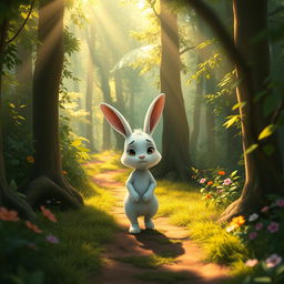 In a dense, enchanting forest, a cute small white rabbit walks down a winding forest path with a visibly sad expression