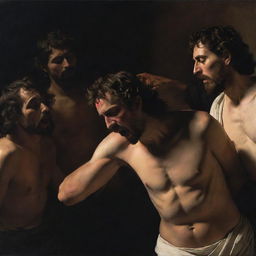 Artistic representation that mirrors Caravaggio's 'The Incredulity of Saint Thomas'. Christ shows his wounds to the Mayans, depicted with Caravaggio's characteristic dramatic use of shadow and light, capturing the emotion and revelation of the scene.