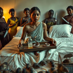 A concerned, crying young Indian lady with visible cuts and bruises sitting on a very large bed, holding a tray that features a small intricately designed snake statue, a bottle of oil, and a hollow wide plastic tube