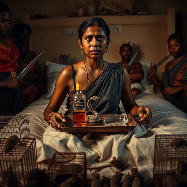 A concerned, crying young Indian lady with visible cuts and bruises sitting on a very large bed, holding a tray that features a small intricately designed snake statue, a bottle of oil, and a hollow wide plastic tube