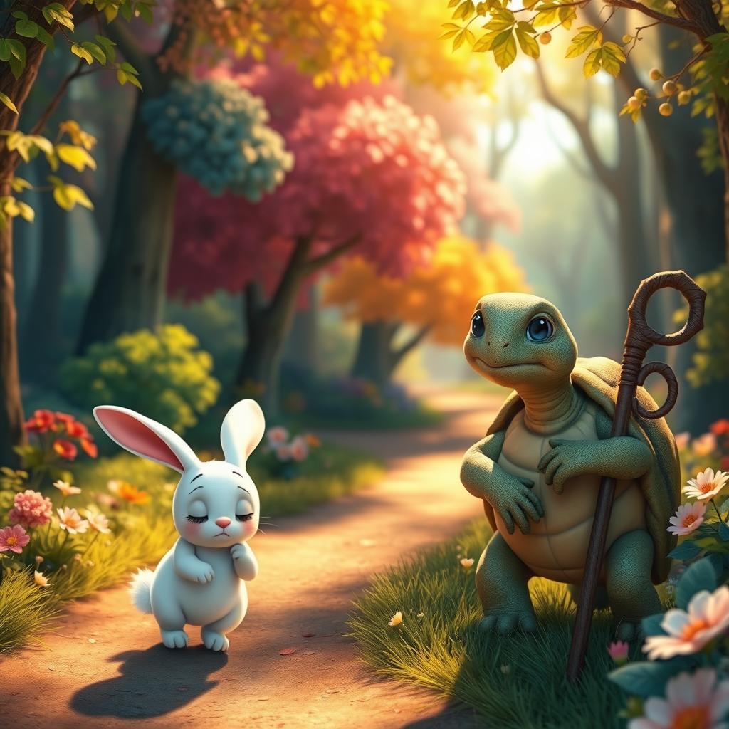 In a vibrant forest, a cute small white rabbit walks down a winding forest path with a sad expression on its face