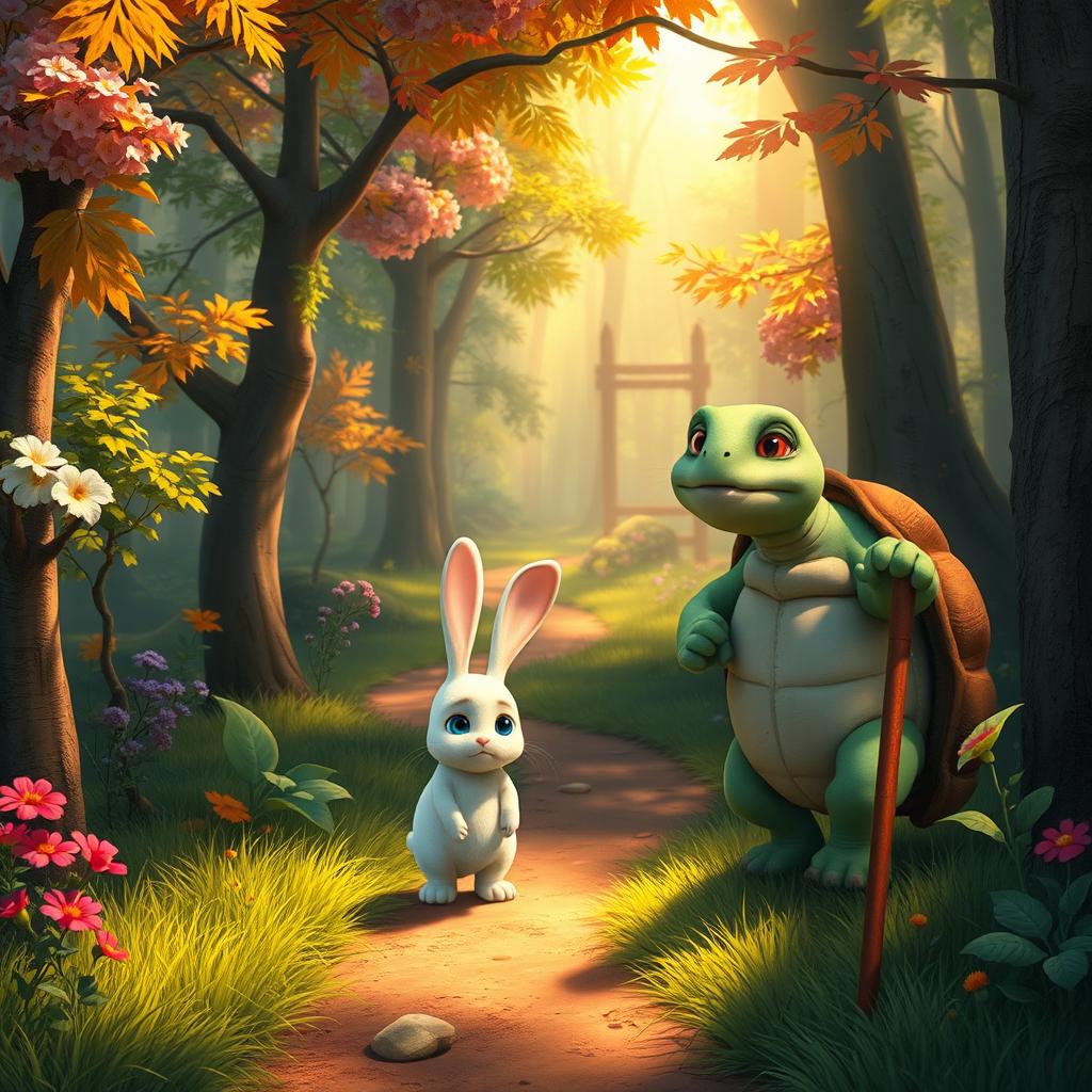 In a vibrant forest, a cute small white rabbit walks down a winding forest path with a sad expression on its face