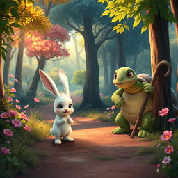 In a vibrant forest, a cute small white rabbit walks down a winding forest path with a sad expression on its face