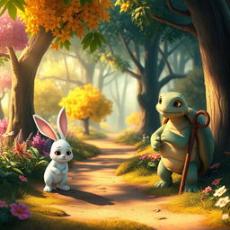 In a vibrant forest, a cute small white rabbit walks down a winding forest path with a sad expression on its face