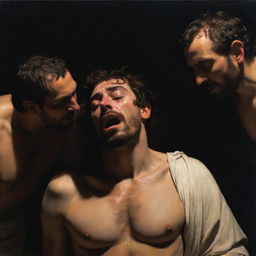 Artistic representation that mirrors Caravaggio's 'The Incredulity of Saint Thomas'. Christ shows his wounds to the Mayans, depicted with Caravaggio's characteristic dramatic use of shadow and light, capturing the emotion and revelation of the scene.