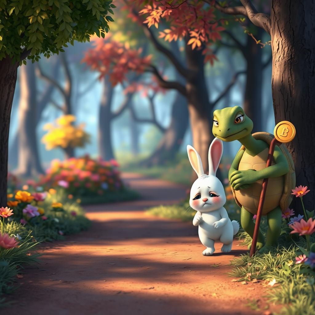 In a vibrant forest, a cute small white rabbit walks down a winding path with a sad expression on its face