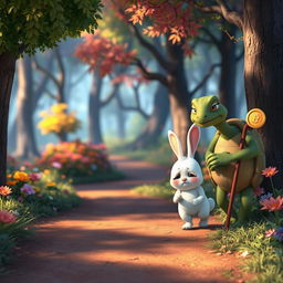 In a vibrant forest, a cute small white rabbit walks down a winding path with a sad expression on its face