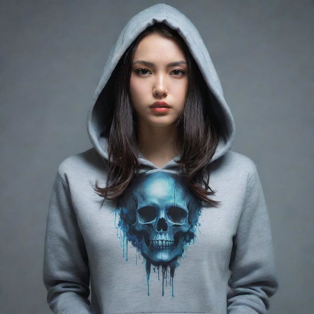 A stylish girl wearing a hoodie with an ominous skull design, inspired by the artistic styles of Krenz Cushart, Stanley Artgerm Lau, Wenjun Lin, Olchas, Logan Cure Liang Xing, Loish, Masayoshi Suto and Affable. The artwork should exude a powerful feminine charm.