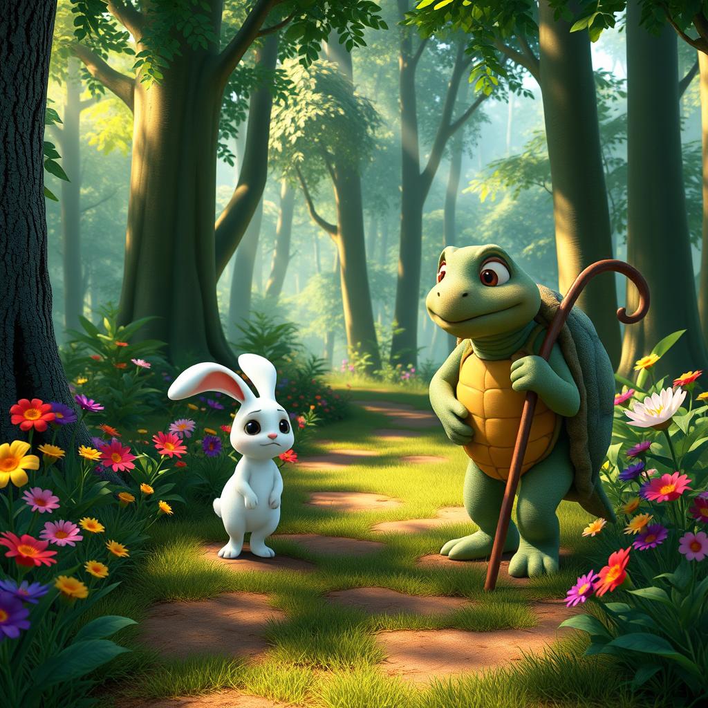 In a lush, vibrant forest, a cute small white rabbit walks down a winding path with a sad expression on its face