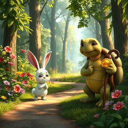 In a lush, vibrant forest, a cute small white rabbit walks down a winding path with a sad expression on its face