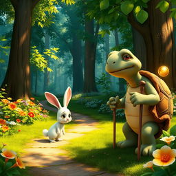 In a lush, vibrant forest, a cute small white rabbit walks down a winding path with a sad expression on its face