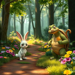 In a lush, vibrant forest, a cute small white rabbit walks down a winding path with a sad expression on its face