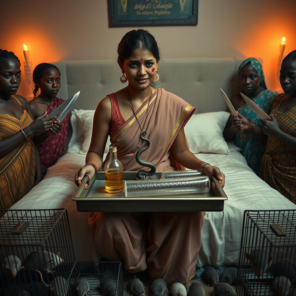 A concerned, crying young Indian lady with visible cuts and bruises sitting on a very large bed, holding a tray that features a small intricately designed snake statue, a bottle of oil, and a hollow wide plastic tube