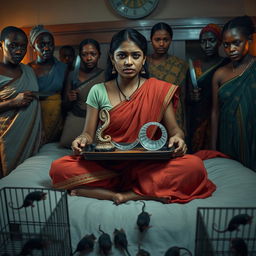 A concerned, crying young Indian lady with visible cuts and bruises sitting on a very large bed, holding a tray that features a small intricately designed snake statue, a bottle of oil, and a hollow wide plastic tube