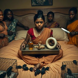 A concerned, crying young Indian lady with visible cuts and bruises sitting on a very large bed, holding a tray that features a small intricately designed snake statue, a bottle of oil, and a hollow wide plastic tube