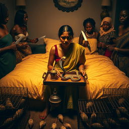 A concerned, crying young Indian lady with visible cuts and bruises sitting on a very large bed, holding a tray that features a small intricately designed snake statue, a bottle of oil, and a hollow wide plastic tube