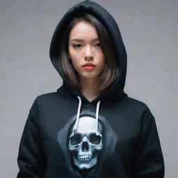 A stylish girl wearing a hoodie with an ominous skull design, inspired by the artistic styles of Krenz Cushart, Stanley Artgerm Lau, Wenjun Lin, Olchas, Logan Cure Liang Xing, Loish, Masayoshi Suto and Affable. The artwork should exude a powerful feminine charm.