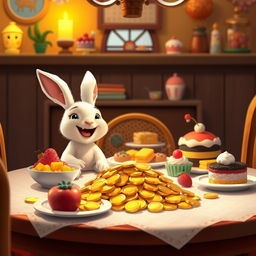 At a dining table, a cute small white rabbit sits happily in front of a pile of shiny gold coins and an array of delicious foods such as colorful fruits, cakes, and treats