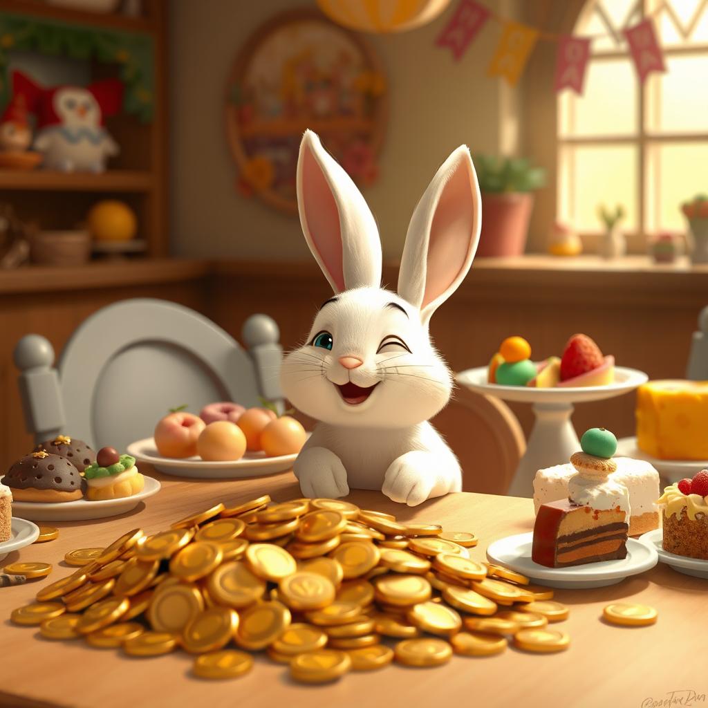 At a dining table, a cute small white rabbit sits happily in front of a pile of shiny gold coins and an array of delicious foods such as colorful fruits, cakes, and treats